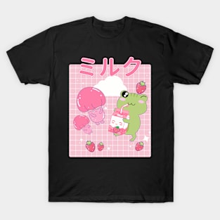 Kawaii Frog Strawberry Milk Frogs Cottagecore T-Shirt